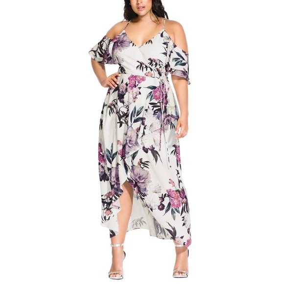 City Chic Maxi Dress Womens Plus White Cod-Shoulder Floral Print High-Low 14W - Picture 1 of 9